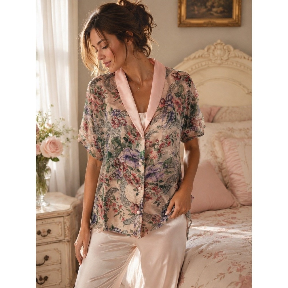 Victoria's Secret Floral Sheer Satin Pajama Top Pink Button Front L